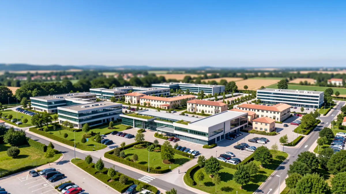 Generic image of a business park with buildings and roads.