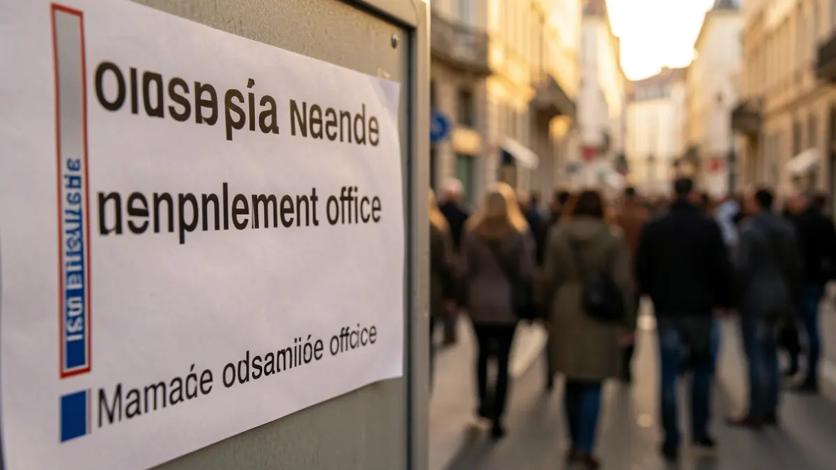 Imagen genérica de un cartel de oficina de empleo en España con personas desenfocadas al fondo.