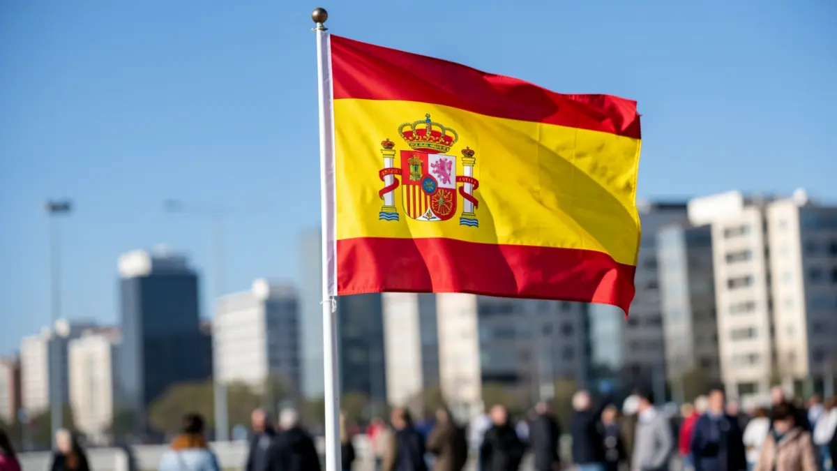 Spanish flag waving with the Madrid skyline in the background.