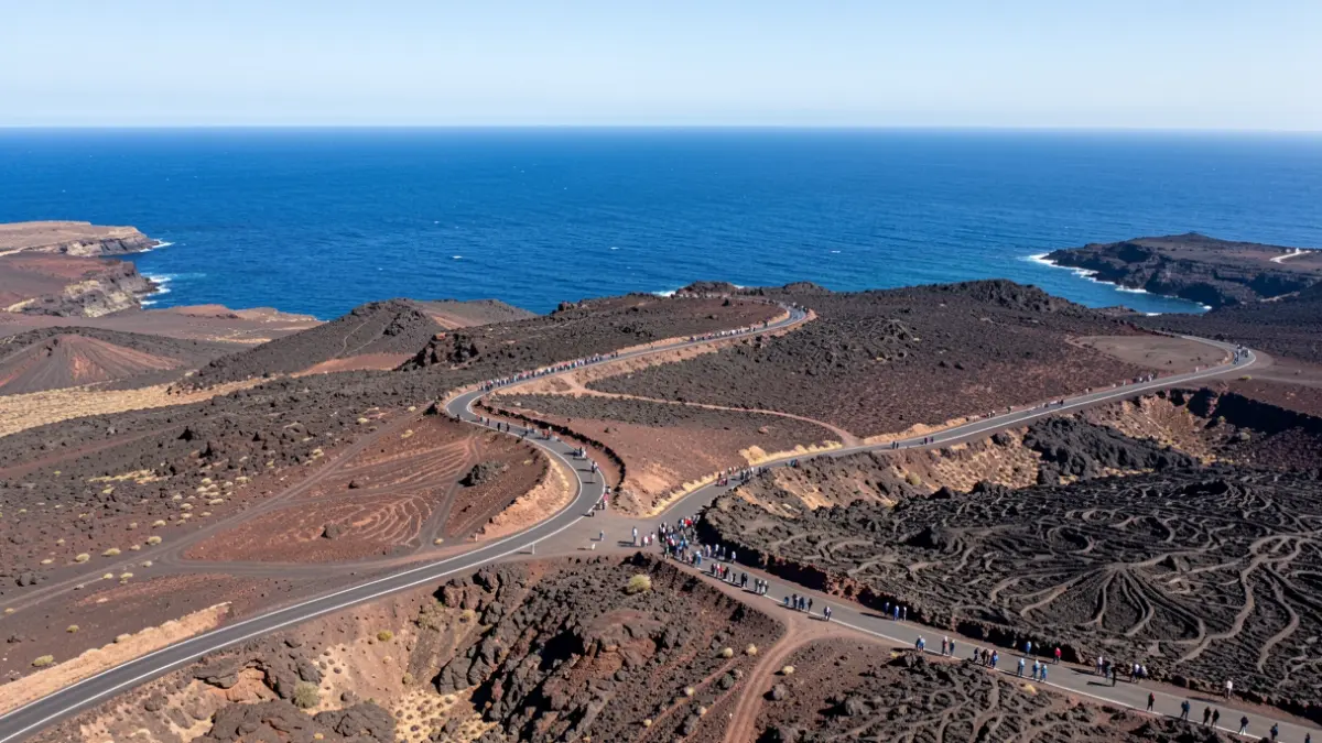 Paisaje volcánico de Fuerteventura con una carretera costera bajo la luz del sol.