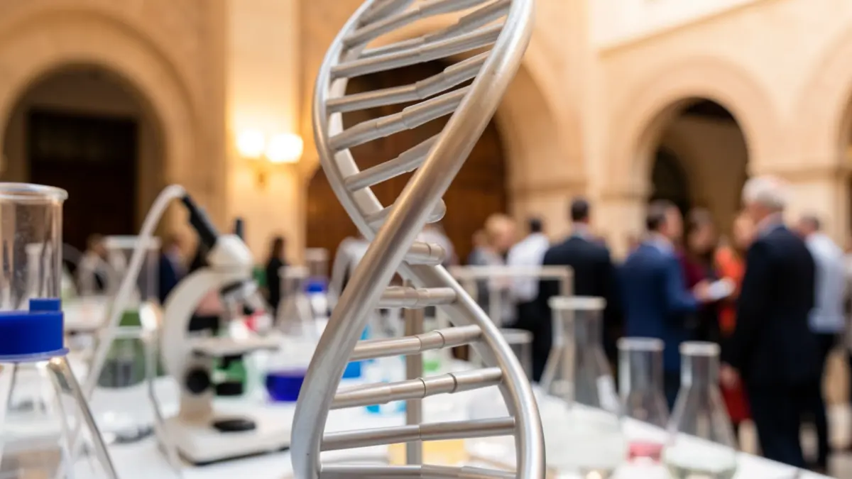 DNA helix model with blurred scientific equipment and laboratory glassware in the background, with Andalusian architectural elements.