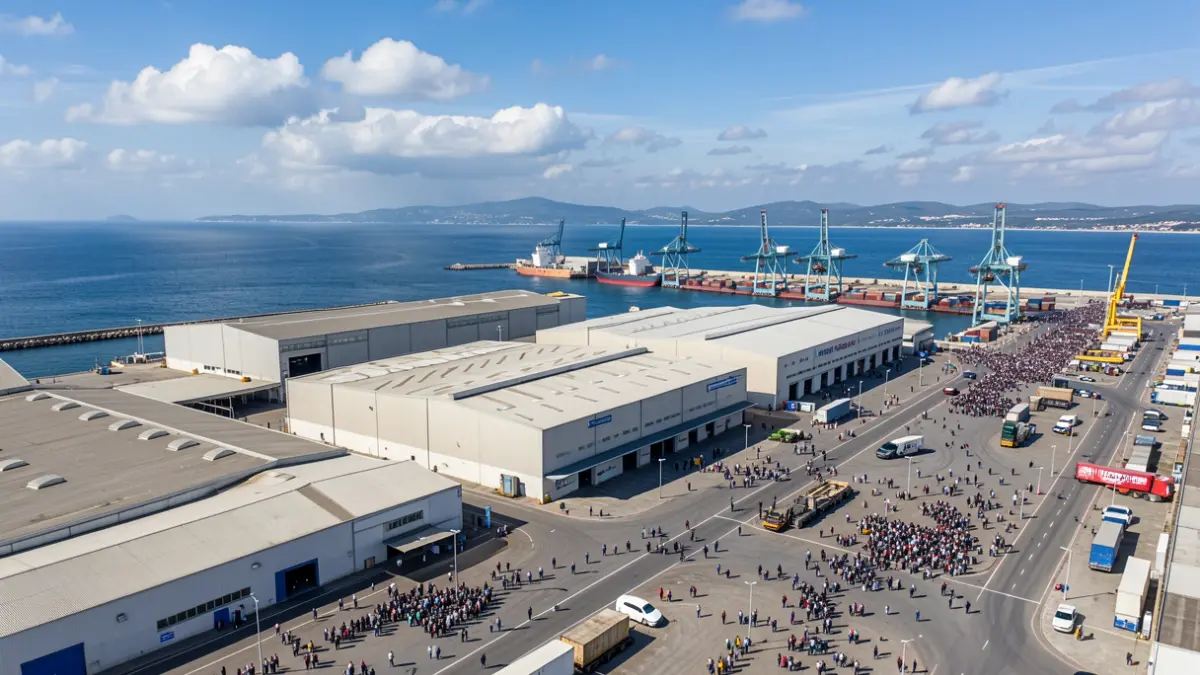 Generic image of a port industrial area with warehouses and cranes.