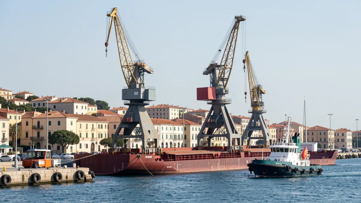 Dos grandes grúas de puerto siendo cargadas en una barcaza en el Puerto de Tarragona.