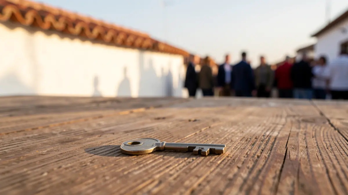 Key of a Spanish house on a wooden table, with a blurred background of an Andalusian white-washed wall and a roof tile.