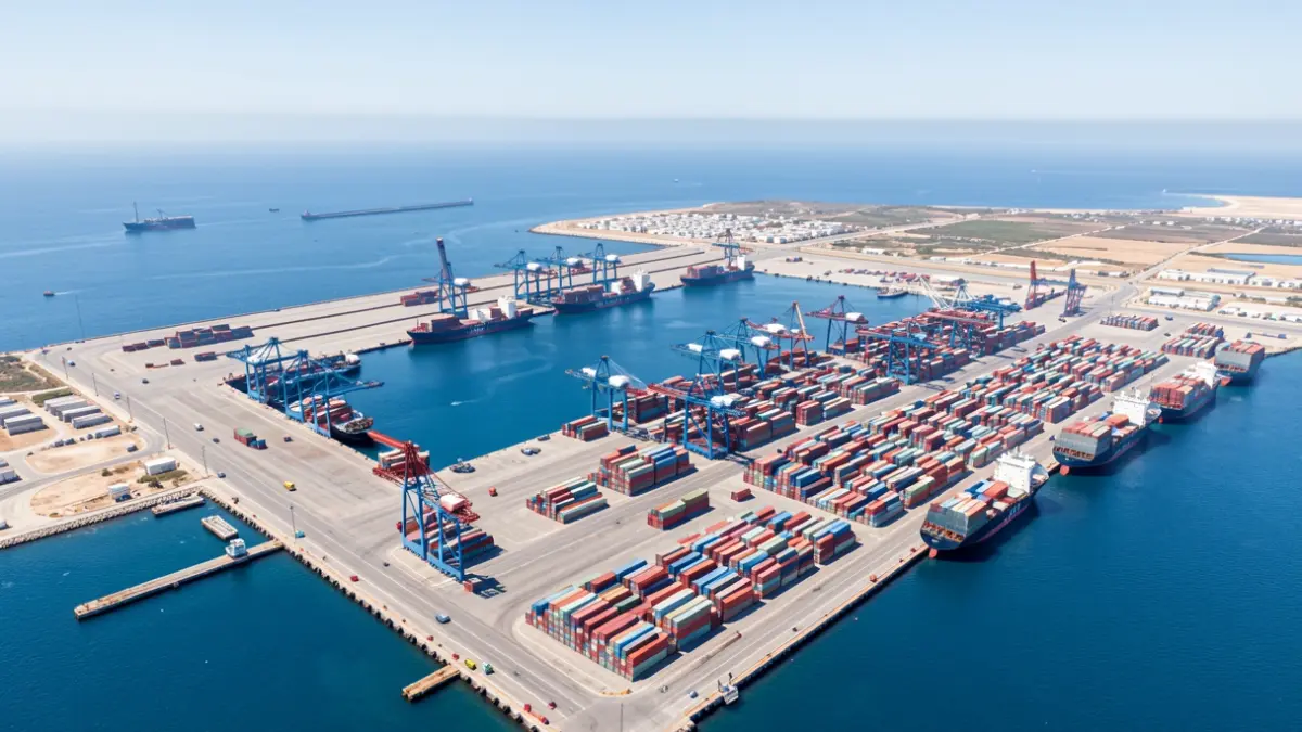 Vista aérea del Puerto de Algeciras con barcos y grúas.