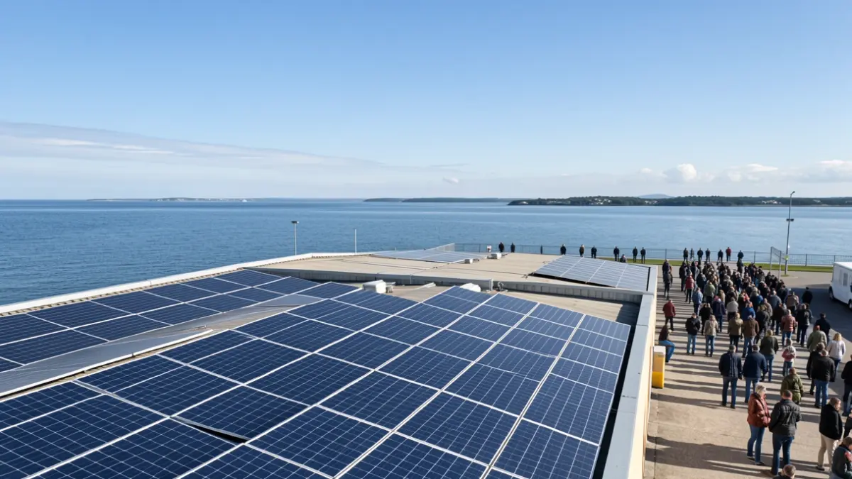 Solar panels installed on the rooftops of industrial warehouses by the sea.