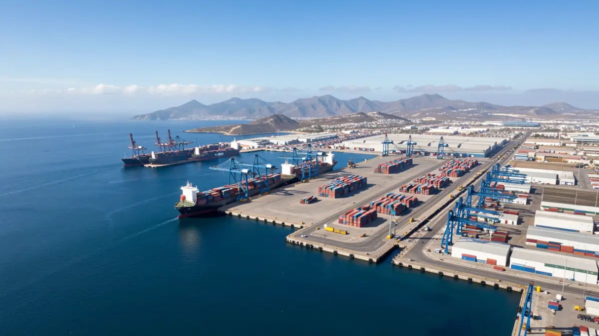 Vista aérea de un gran puerto con barcos portacontenedores atracados y grúas en operación en las Islas Canarias.
