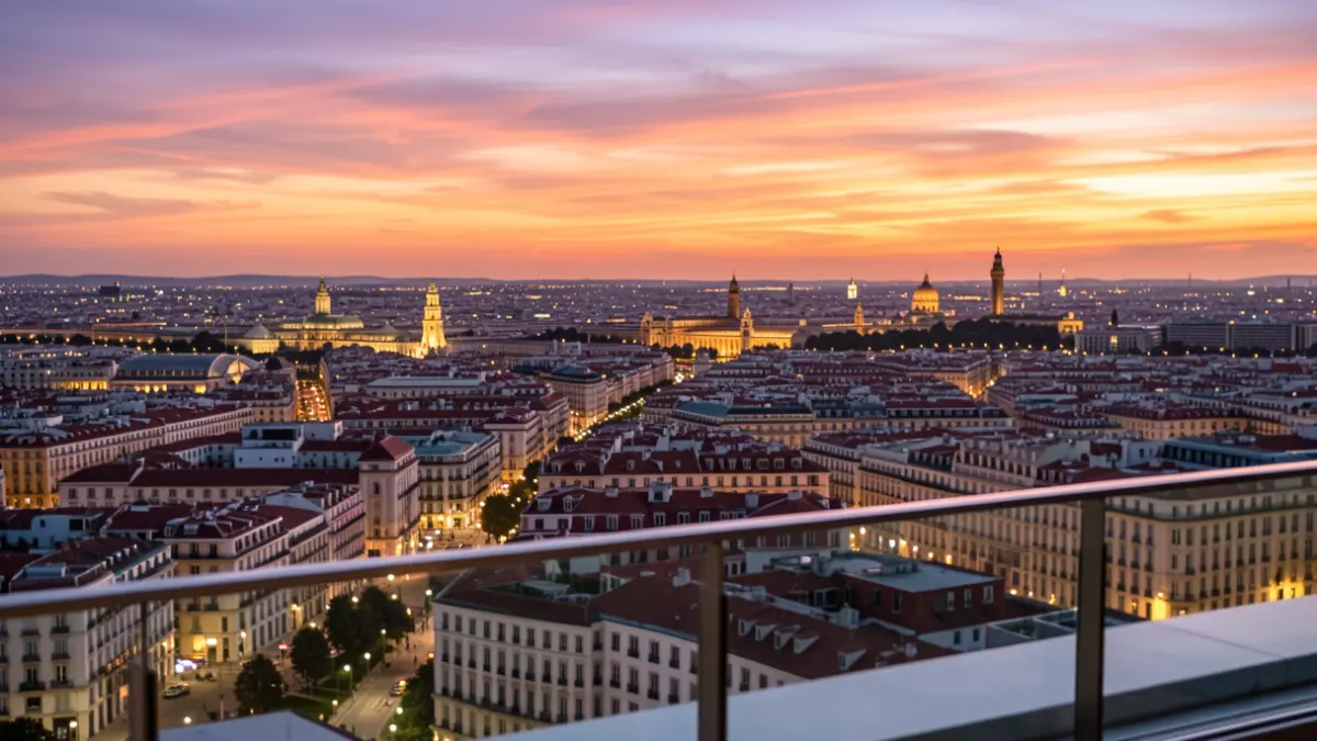 Vista panorámica de Madrid al atardecer desde una terraza.