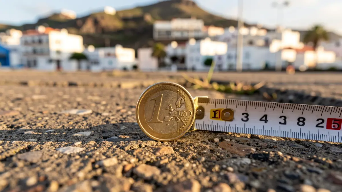 Primer plano de una moneda de euro española y una cinta métrica sobre una superficie texturizada que representa suelo urbano, con un fondo desenfocado de arquitectura canaria.
