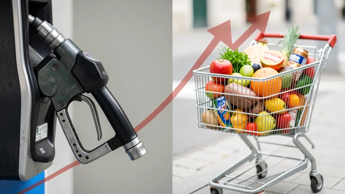 Generic image of a fuel pump and a shopping cart with groceries.