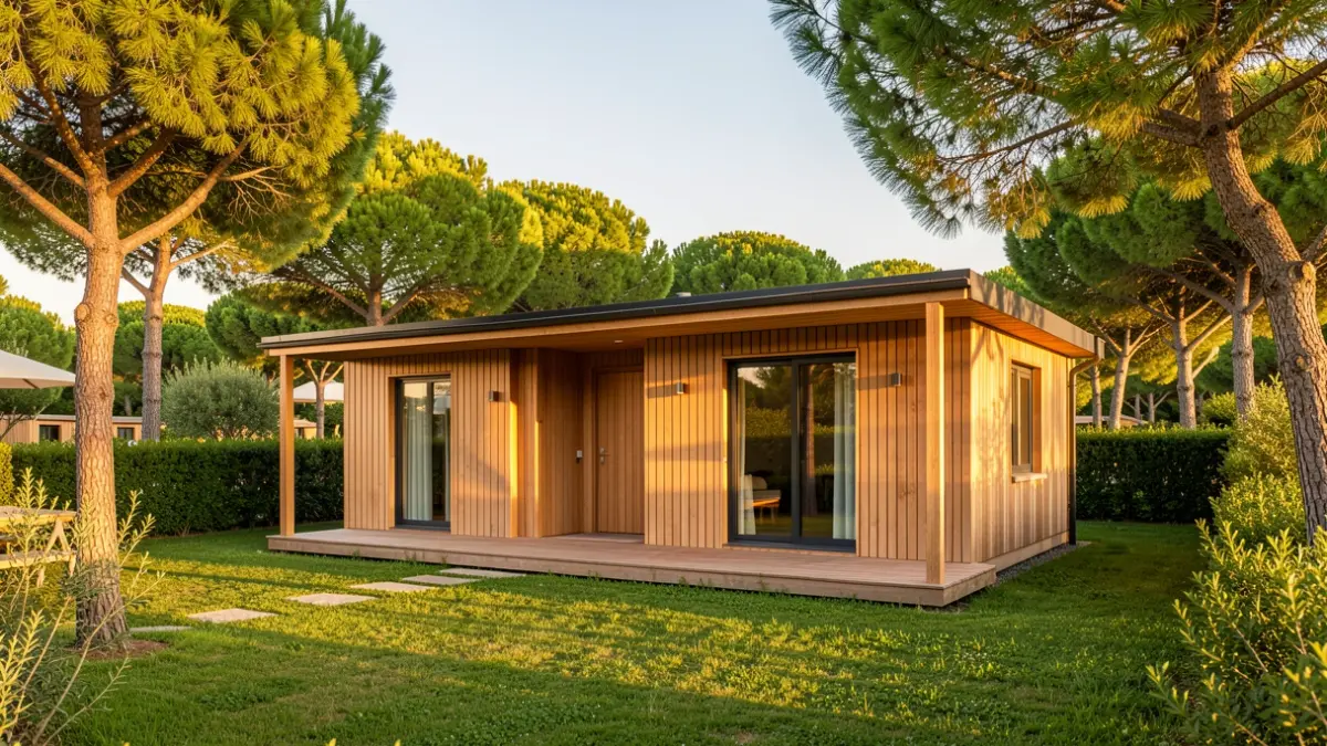 Generic image of a modern campsite with bungalows in a natural setting.