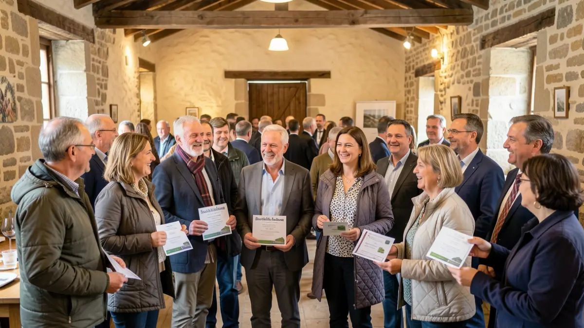 Imagen genérica de un evento de emprendimiento rural en Galicia, con gente reunida y ambiente festivo.