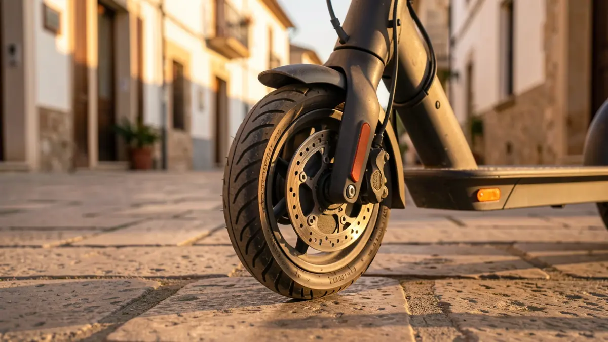 Close-up of an electric scooter wheel parked on a stone-paved sidewalk in a Spanish island town, with warm evening light.