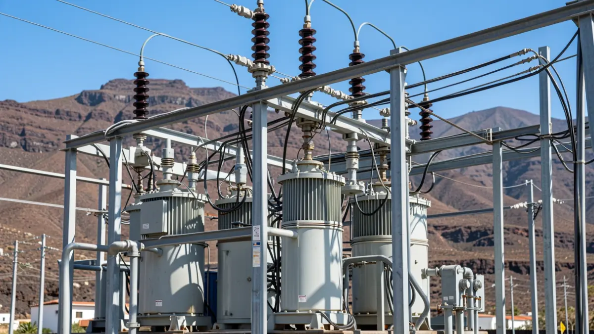 Imagen de una subestación eléctrica moderna en Canarias, con detalles de transformadores y cableado.