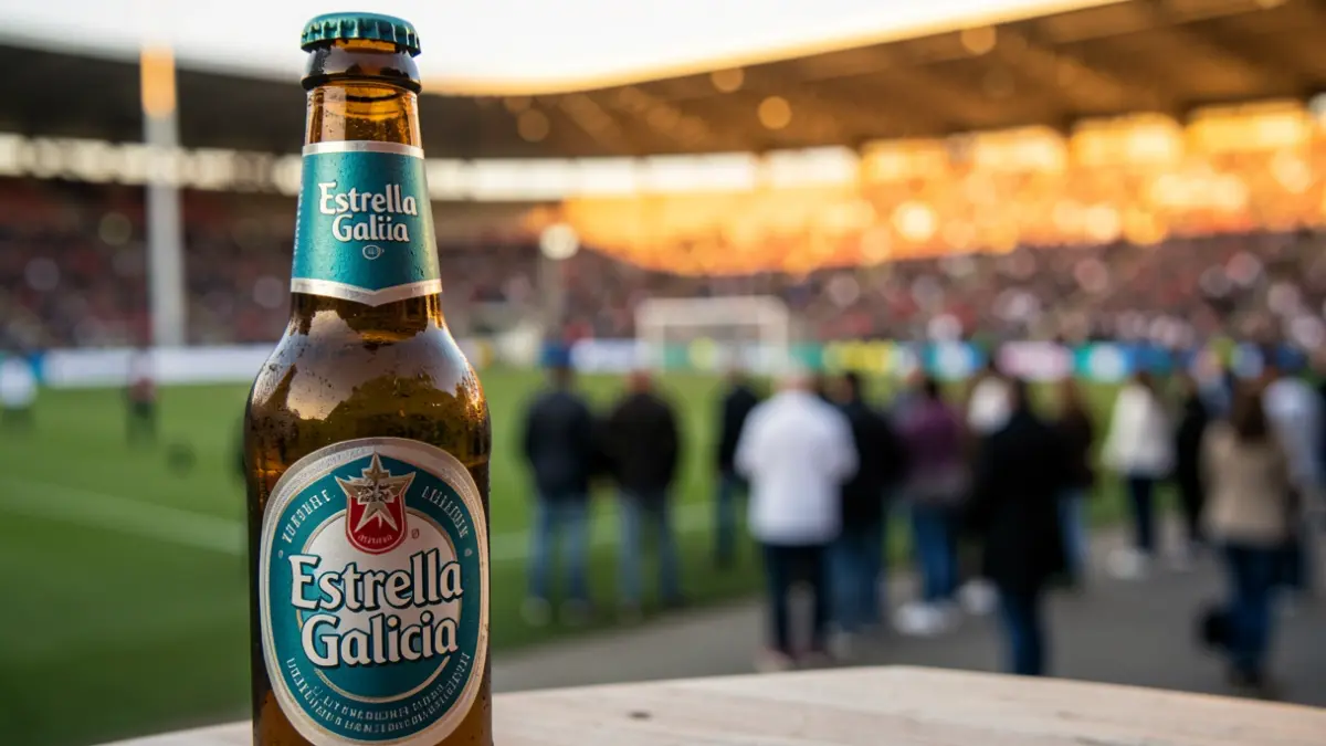 Primer plano de una botella de Estrella Galicia con un estadio de fútbol desenfocado al fondo.