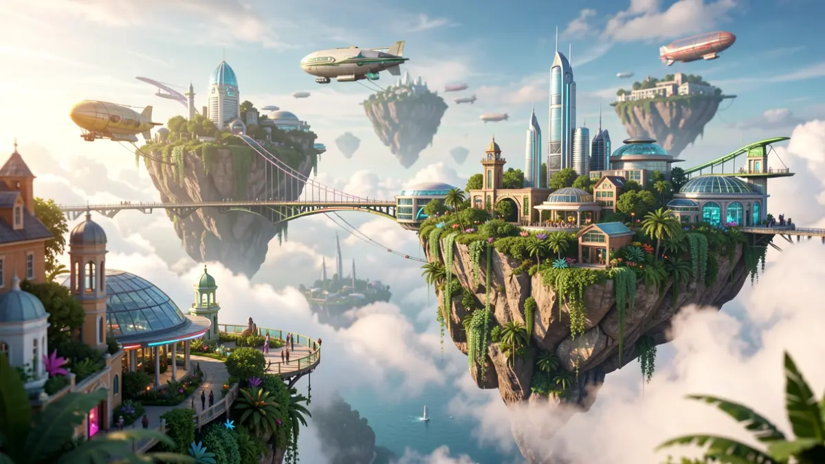 Generic image of floating islands connected by airships in a science fiction landscape.