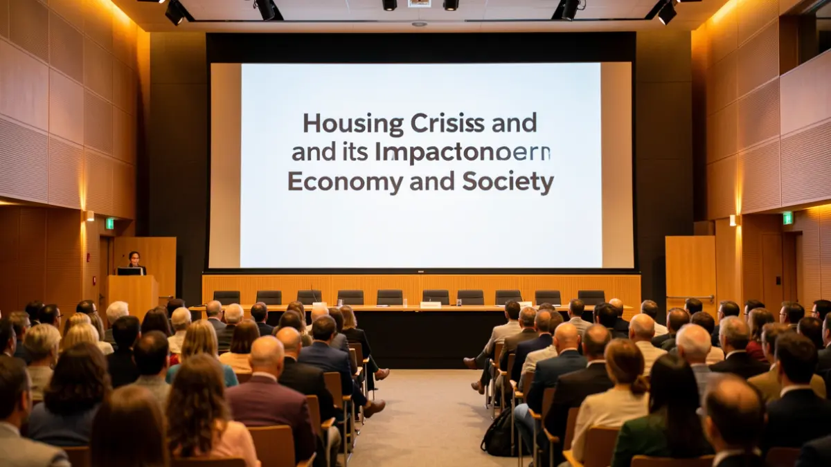 Generic image: Modern conference hall in Euskadi with a screen displaying the title 'Housing Crisis and its Impact on Economy and Society'.