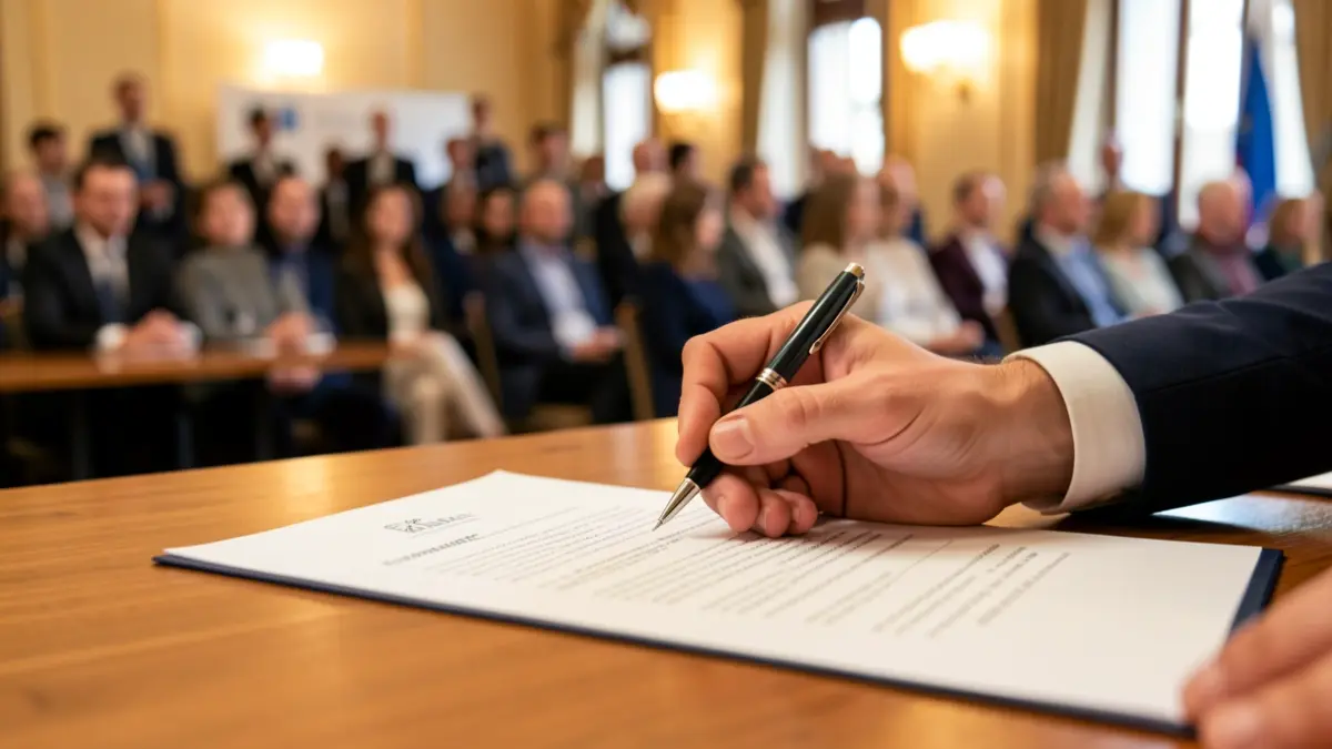 Una mano firma un documento sobre un escritorio de oficina, con luz cálida.