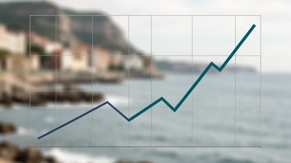 Imagen genérica: Gráfico que muestra una tendencia descendente con una ligera fluctuación al alza, sobre un fondo difuminado de la costa de Euskadi.