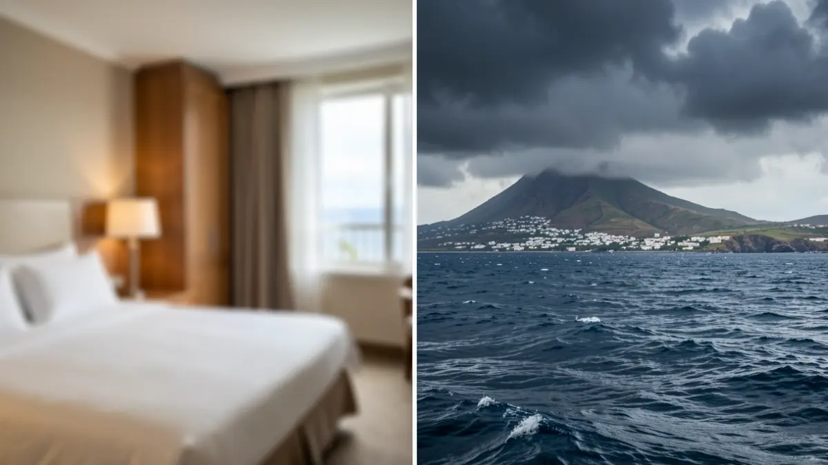 Image representing the slowdown of tourism in Canarias, with a hotel interior and a stormy sea.