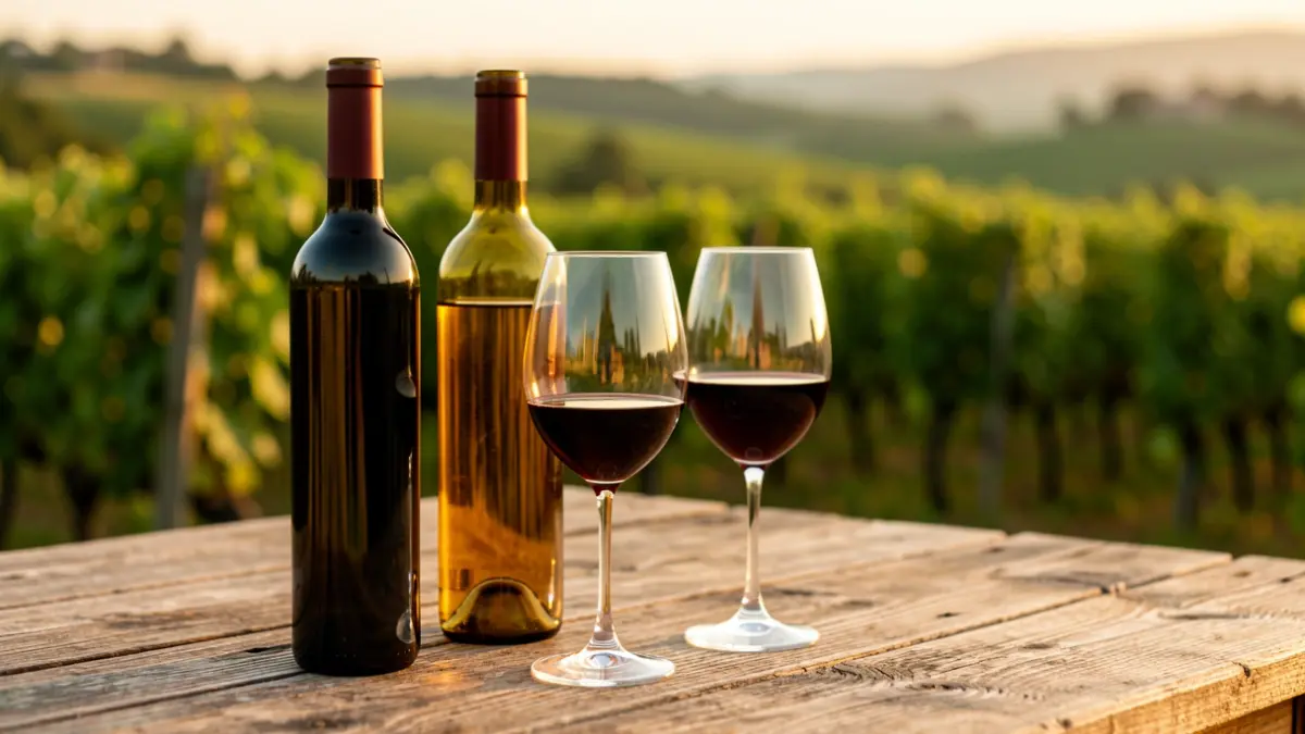 Primer plano de botellas de viño e copas nunha mesa de madeira rústica, con paisaxe de viñedo verde desenfocada ao fondo.