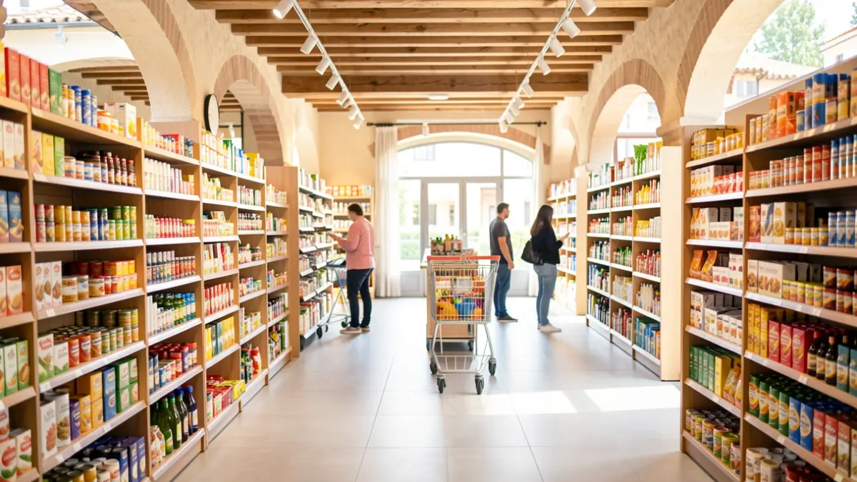 Imagen genérica de un supermercado moderno con estanterías llenas de productos.