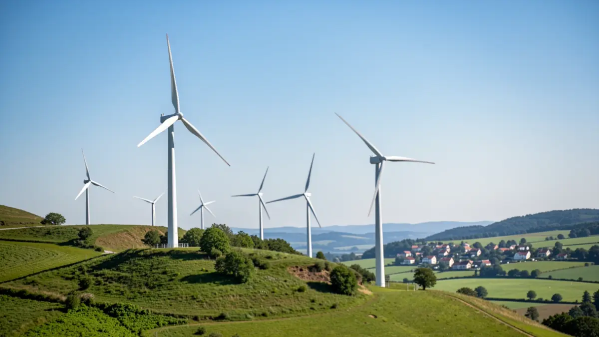 Wind turbines on a green hillside in Euskadi.