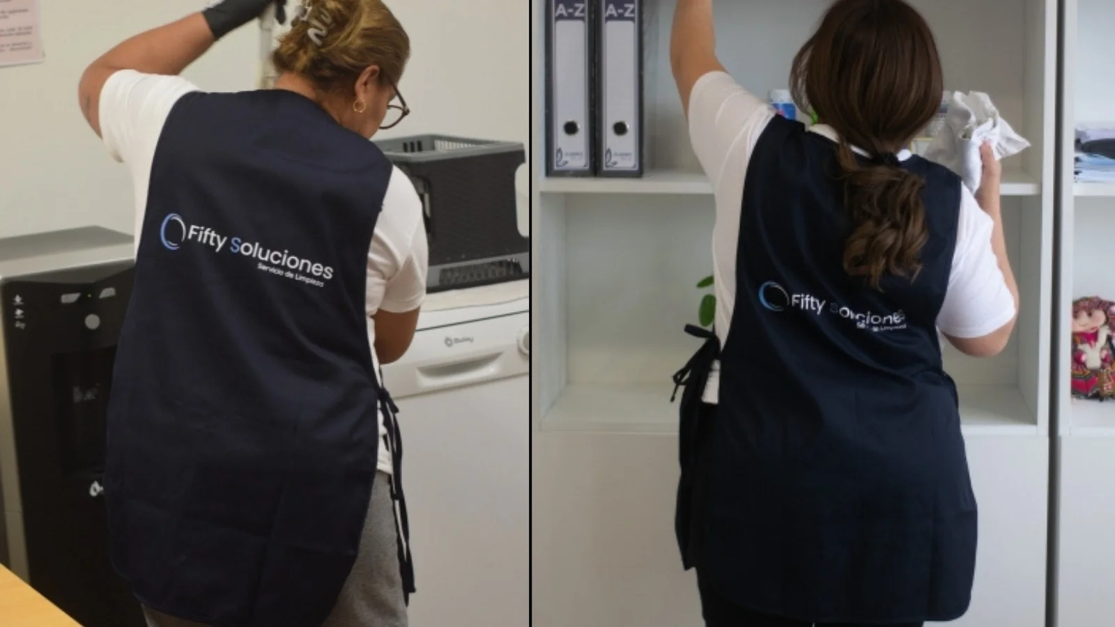 Equipo profesional de Fifty Soluciones realizando servicios de limpieza de oficinas en Barcelona