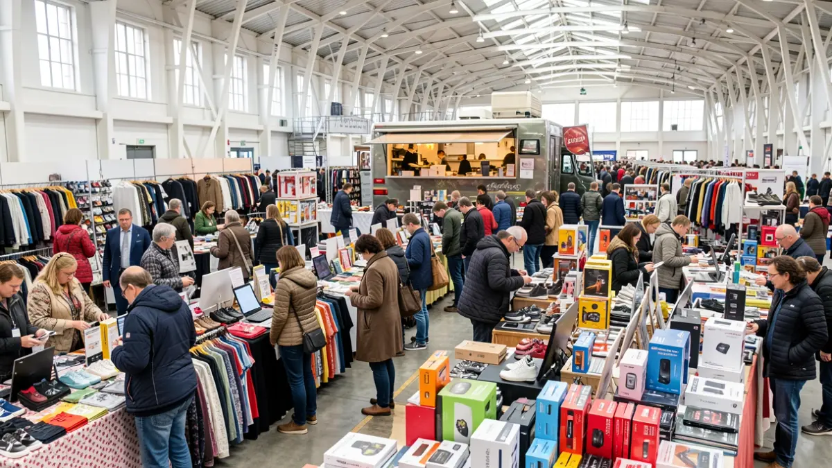 Generic image of a trade fair with stalls and attendees.