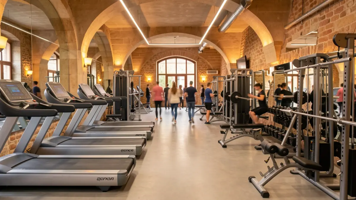 Imagen interior de un gimnasio moderno en Barcelona con equipamiento deportivo.