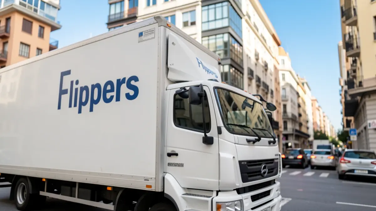Camión de mudanzas de la empresa Flippers en una calle de Madrid.