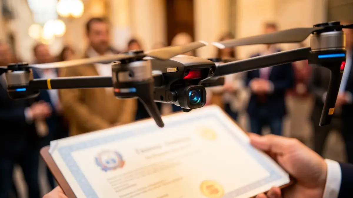 Primer plano de las hélices de un dron con un certificado de formación al fondo.