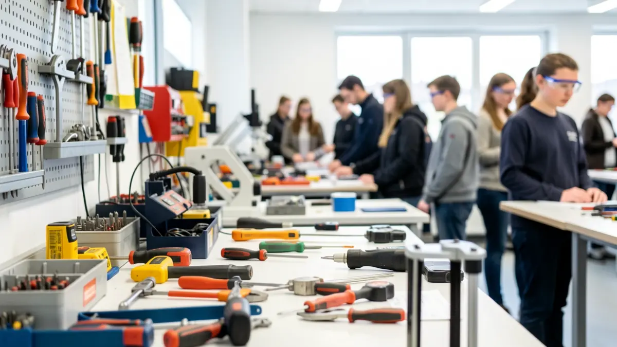 Imagen genérica de un taller de formación profesional con herramientas y alumnos al fondo.