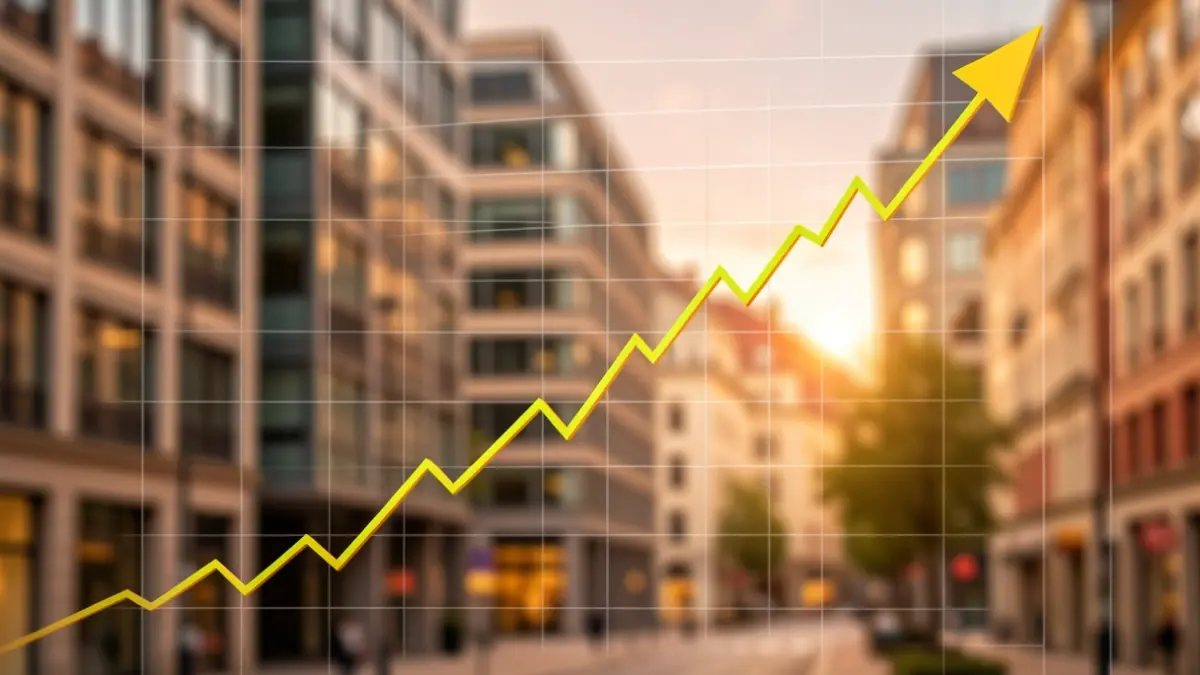 Financial graph with upward trend over a background of office buildings.
