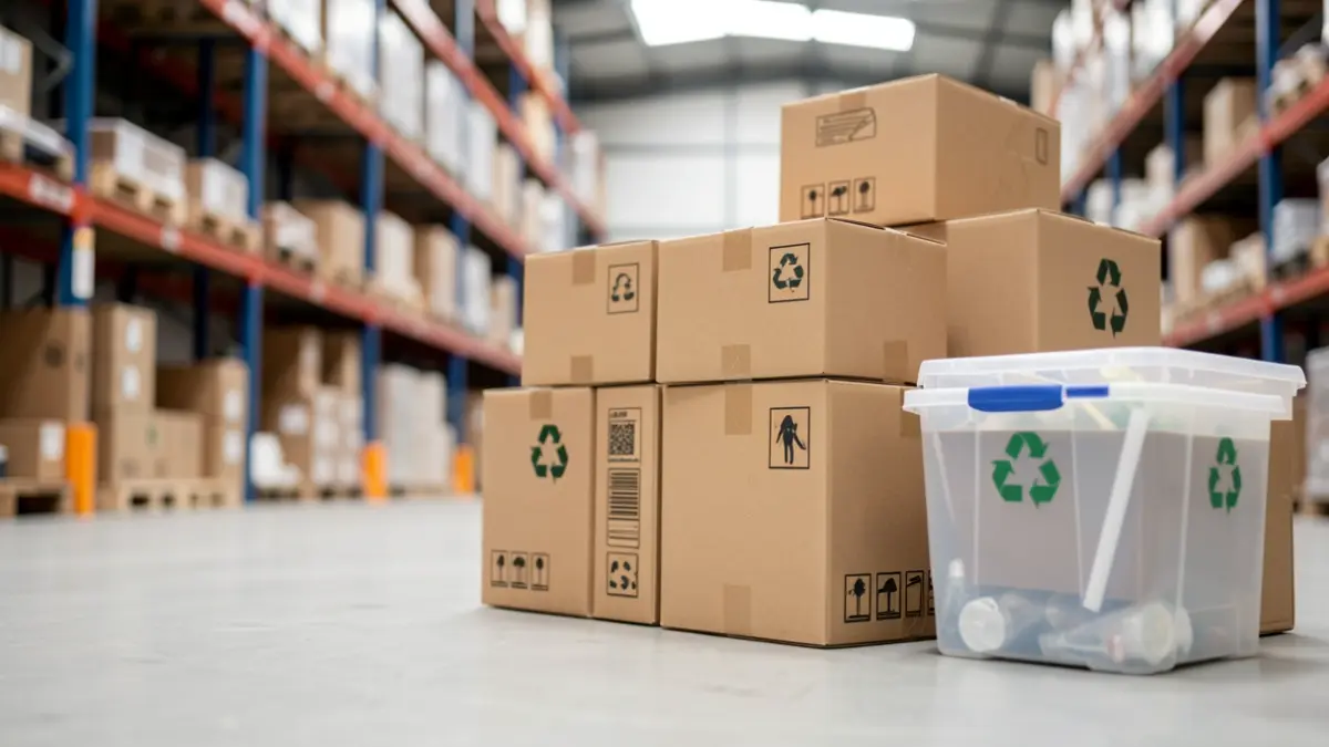 Imaxe xenérica de caixas de cartón e plásticos apilados para reciclaxe nun almacén.