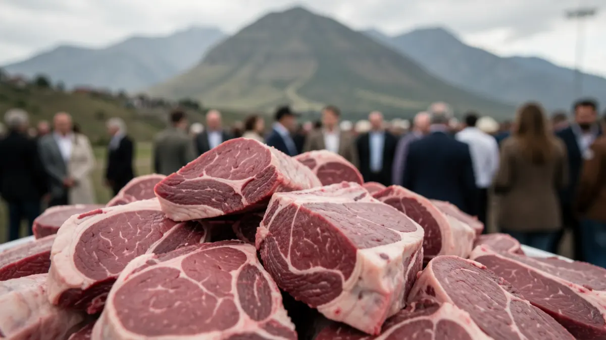 Primer plano de cortes de carne de vacuno con un paisaje sudamericano desenfocado al fondo.