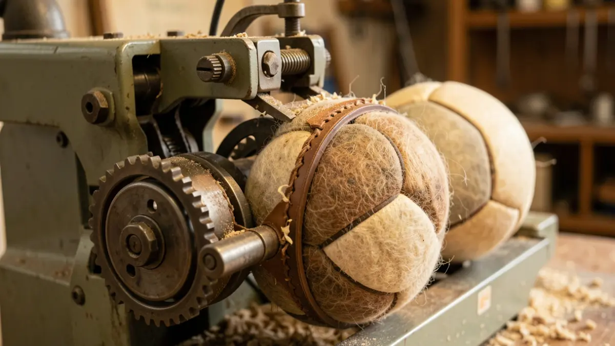Details of a hybrid machine for making pelota balls, showcasing noble materials.