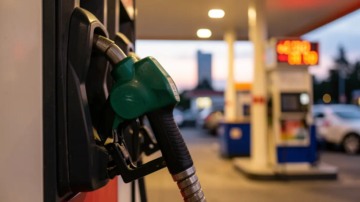 Close-up of a gas station hose at dusk, with the fuel price blurred in the background.