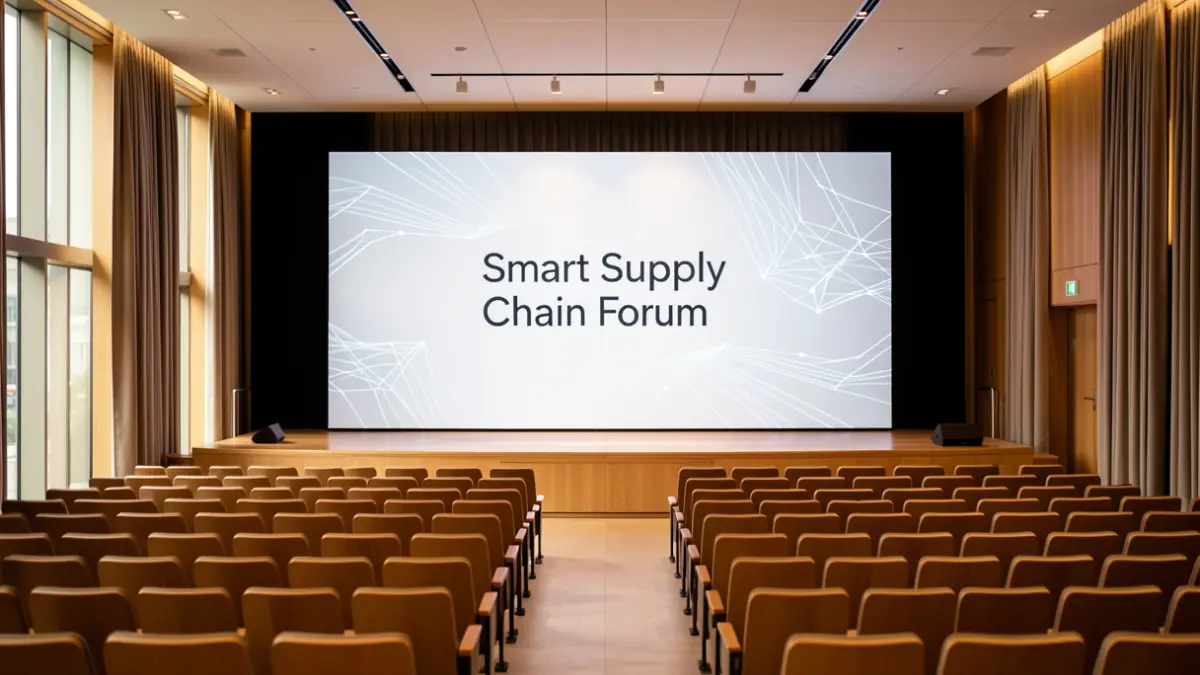 Image of a modern conference hall in Madrid for the Smart Supply Chain Forum.