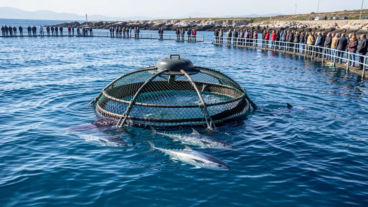 A large submersible fish farm cage in the Cantabrian Sea off the coast of Getaria, with clear blue water.