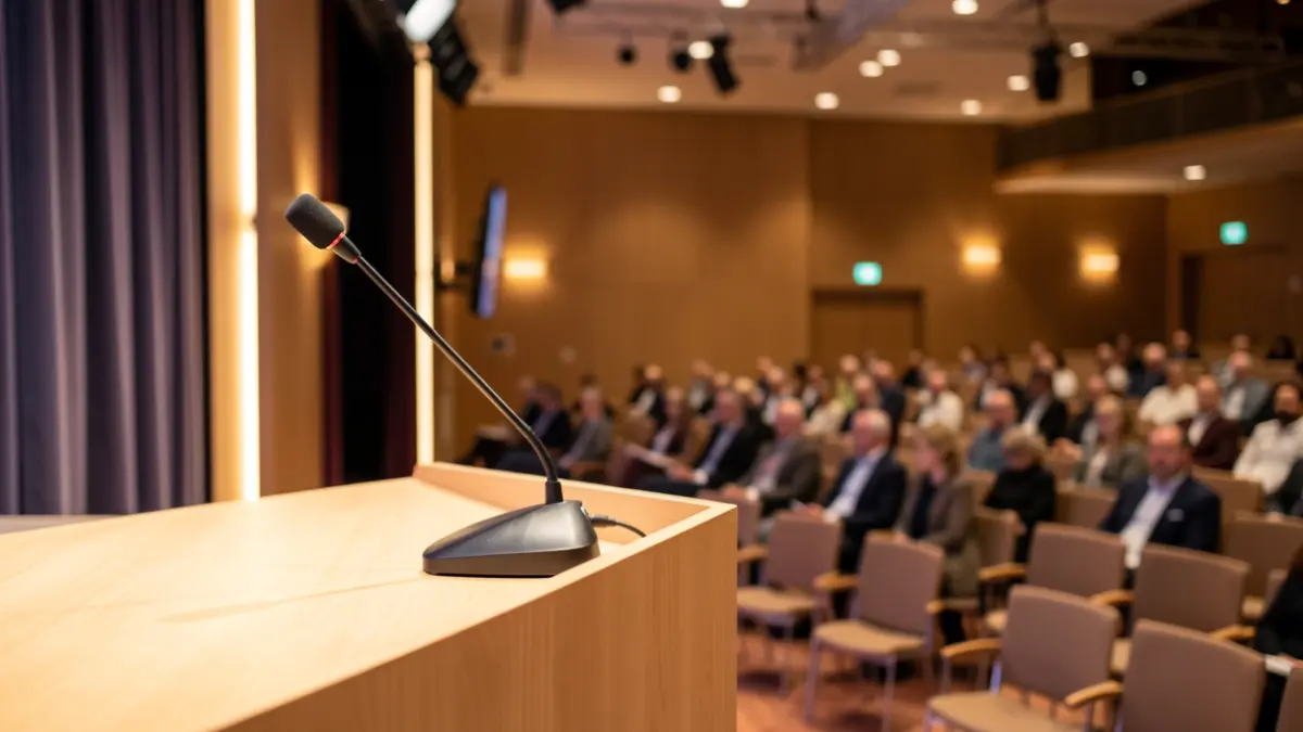 Imagen genérica: una sala de conferencias moderna con un micrófono en el estrado y sillas.