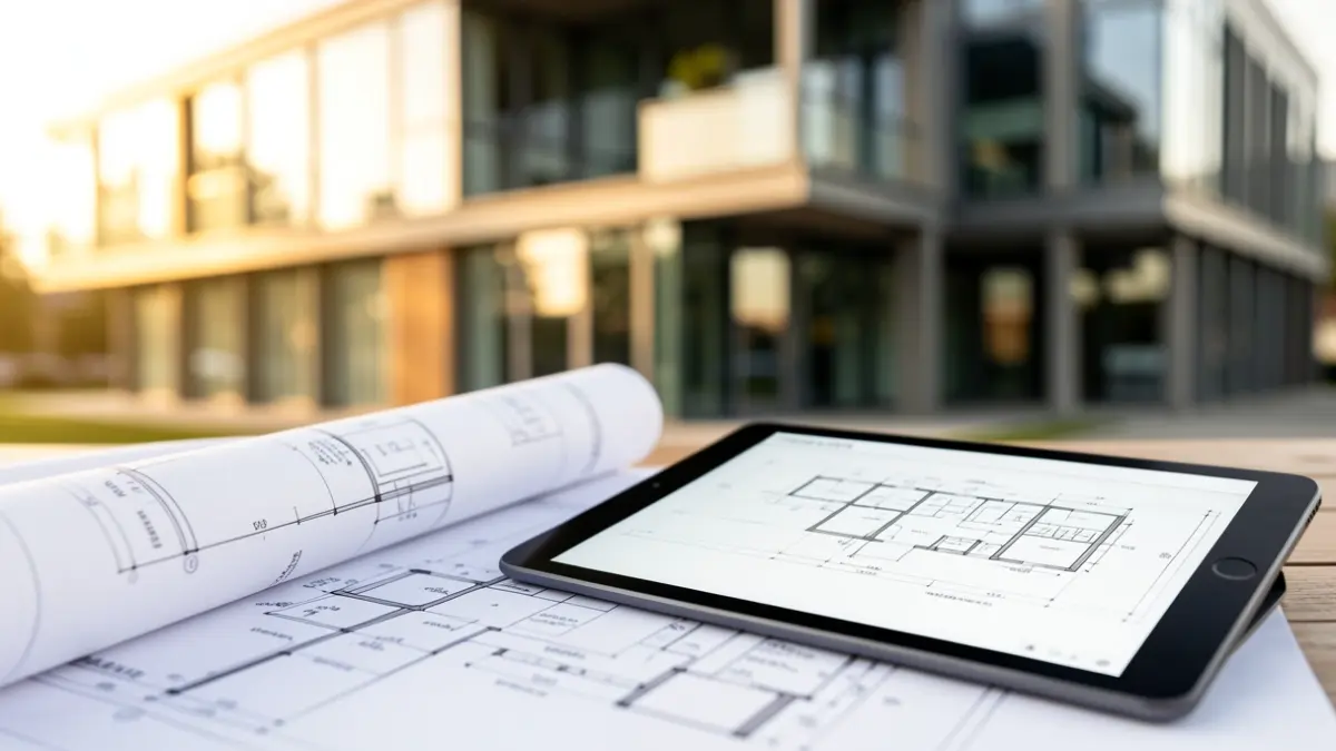 Imagen genérica de planos de construcción y una tablet.