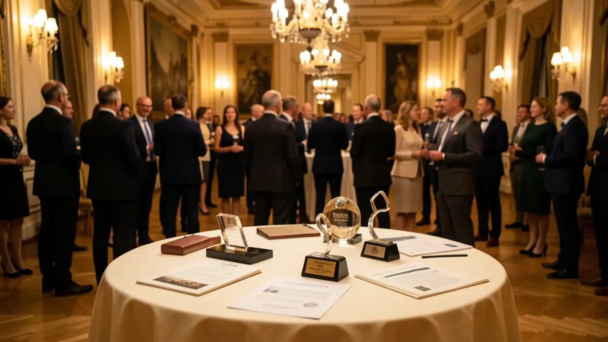 Imagen genérica: Reunión formal de profesionales del turismo en un gran salón de hotel en Euskadi, con figuras difuminadas al fondo y foco en una mesa con premios y documentos, iluminación ambiental cálida.