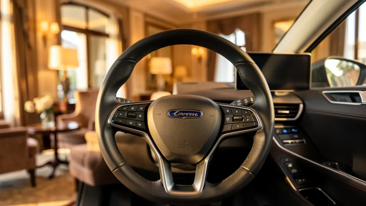 Interior of a high-end electric vehicle in an elegant setting.