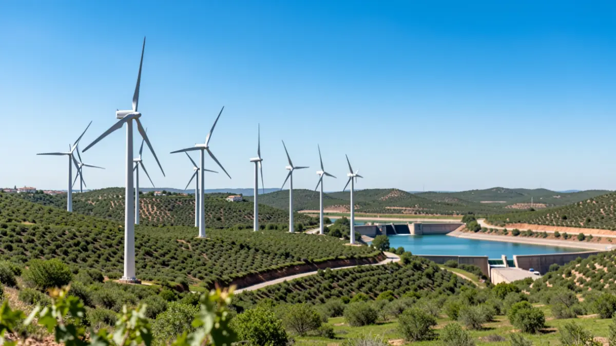 Imagen de aerogeneradores y una presa hidroeléctrica en la provincia de Granada.