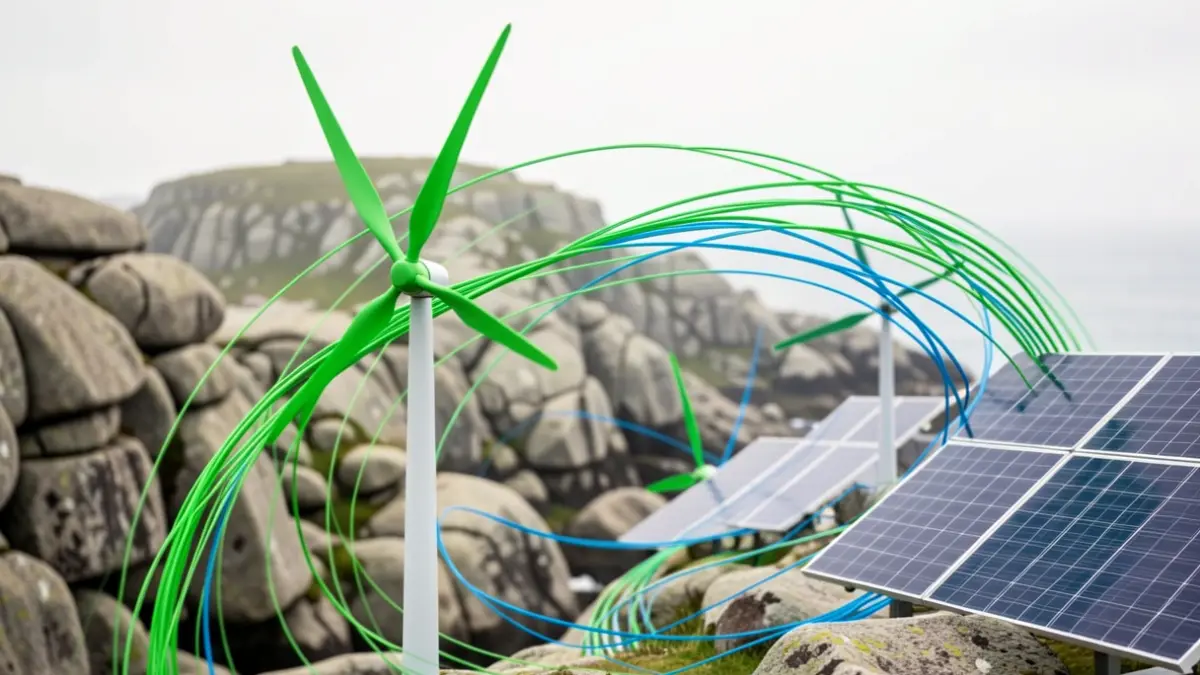Imagen genérica de energías renovables con elementos de turbinas eólicas y paneles solares sobre un paisaje estilizado de granito gallego.