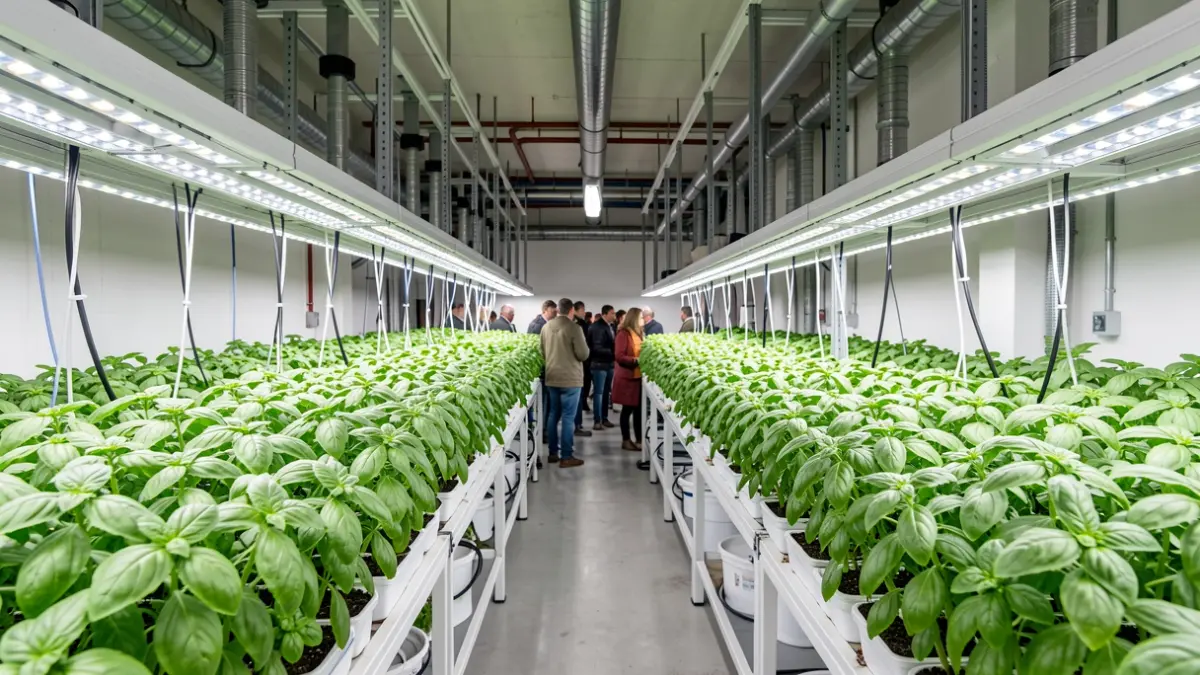 Interior of a Catalan vertical farm with basil plants under LED lights.
