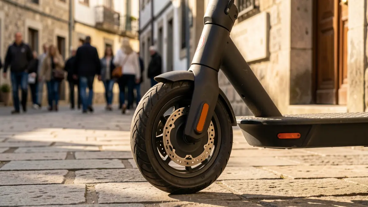 Imagen genérica de una rueda de patinete eléctrico en una calle de piedra gallega.