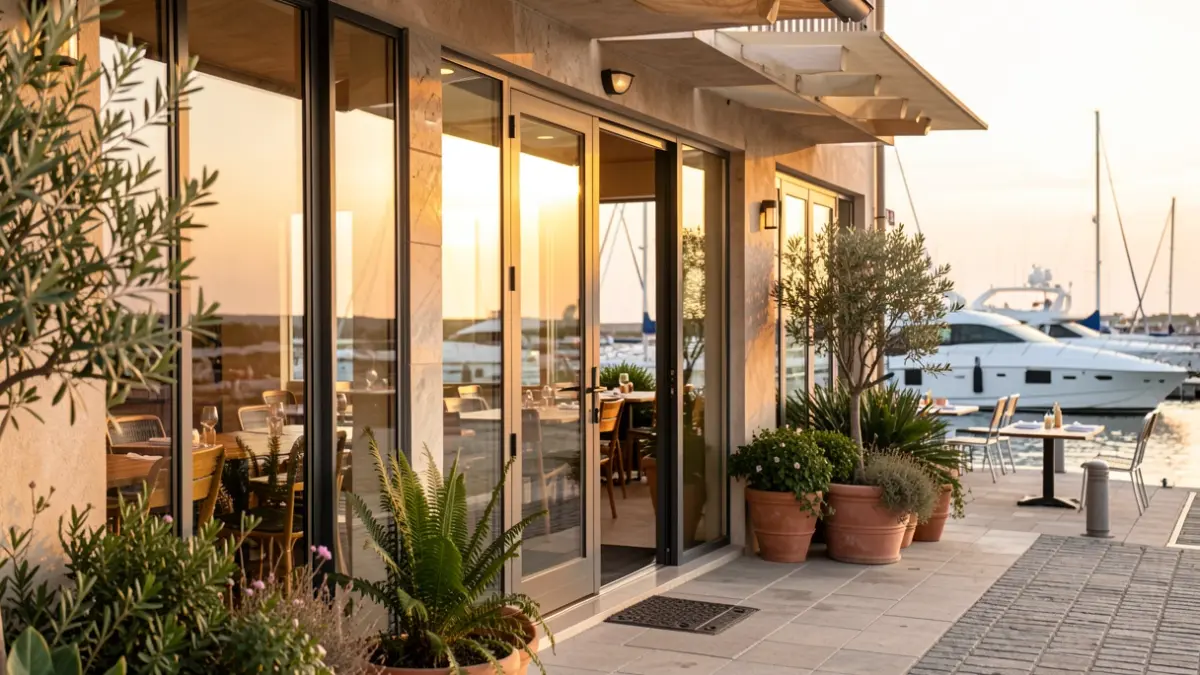 Generic image of a Mediterranean restaurant in a port setting.