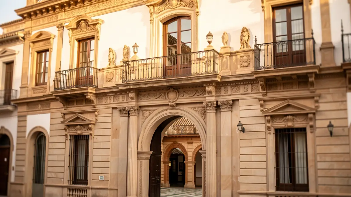 Fachada de un edificio histórico del siglo XIX en Sevilla con detalles ornamentados y patio protegido.